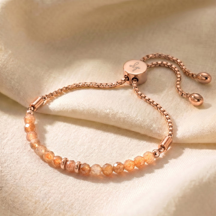 Rose gold sunstone bracelet with genuine sunstone beads, adjustable slider chain