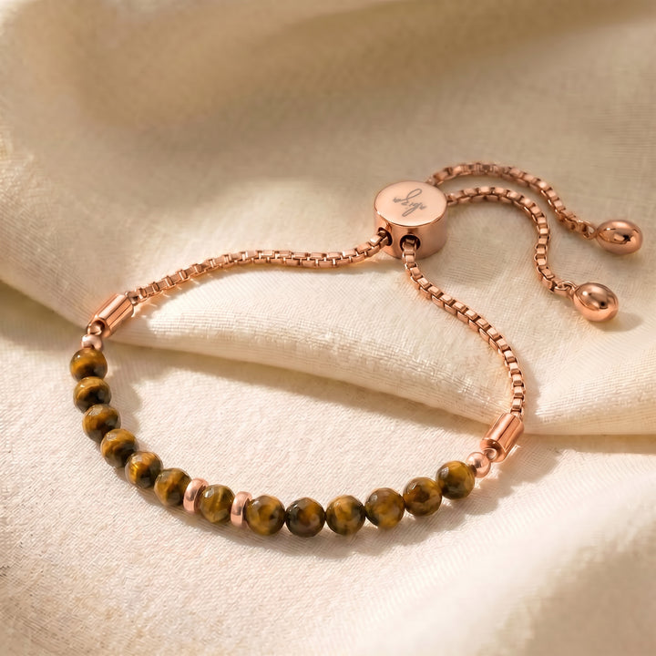 Rose gold tiger eye bracelet with genuine tiger eye beads, adjustable slider chain