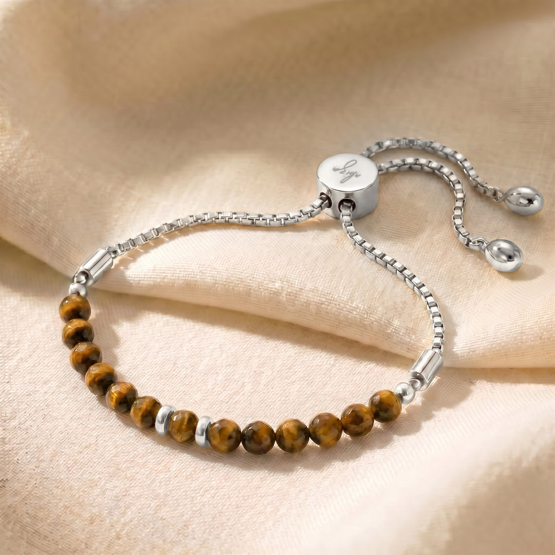 Silver tiger eye bracelet with adjustable slider chain