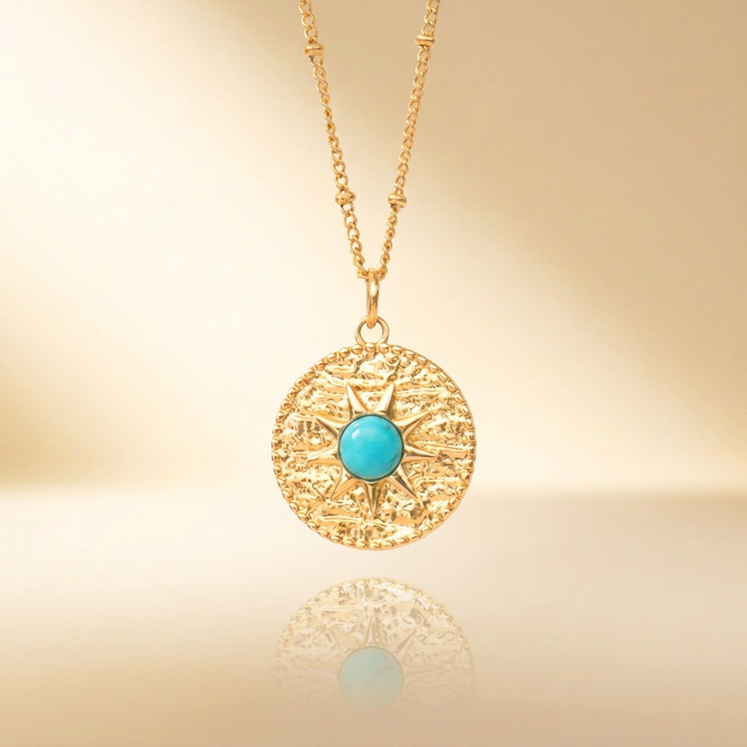 Gold turquoise sun necklace — real Arizona turquoise, handmade UK