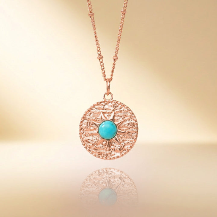 Rose gold turquoise sun necklace — real Arizona turquoise, handmade UK