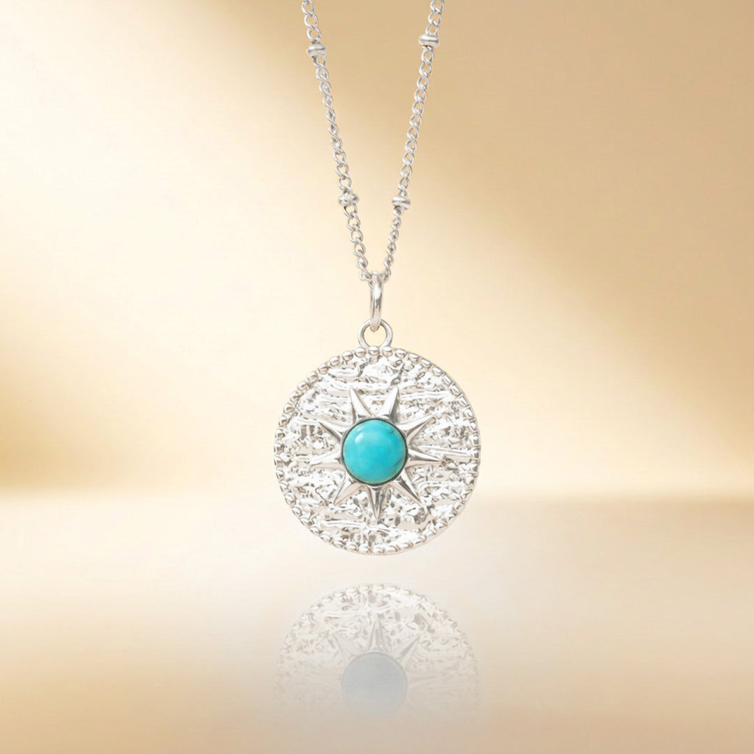 Silver turquoise sun necklace — real Arizona turquoise, handmade UK