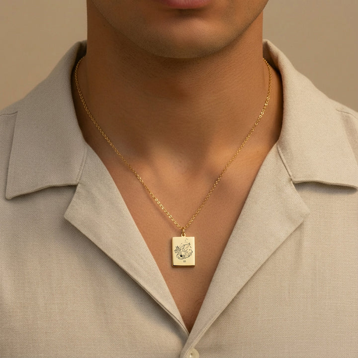 Leo Zodiac Sign Necklace Gold worn by a man