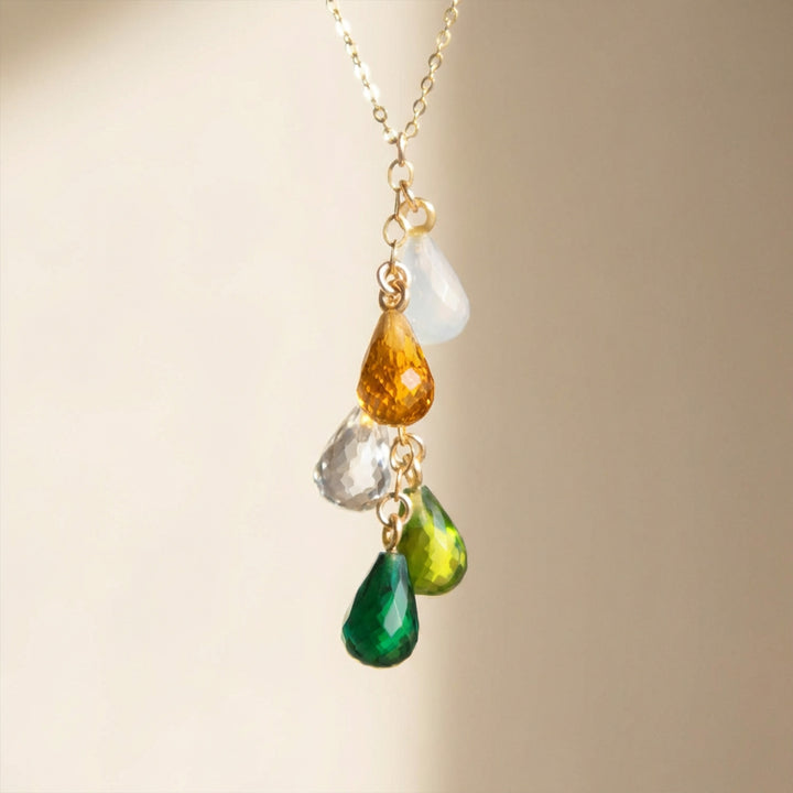 Family birthstone necklace with five crystal birthstones in gold finish