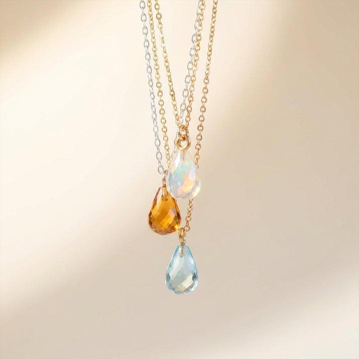 Crystal birthstone necklaces — dainty teardrop pendants on cable chains