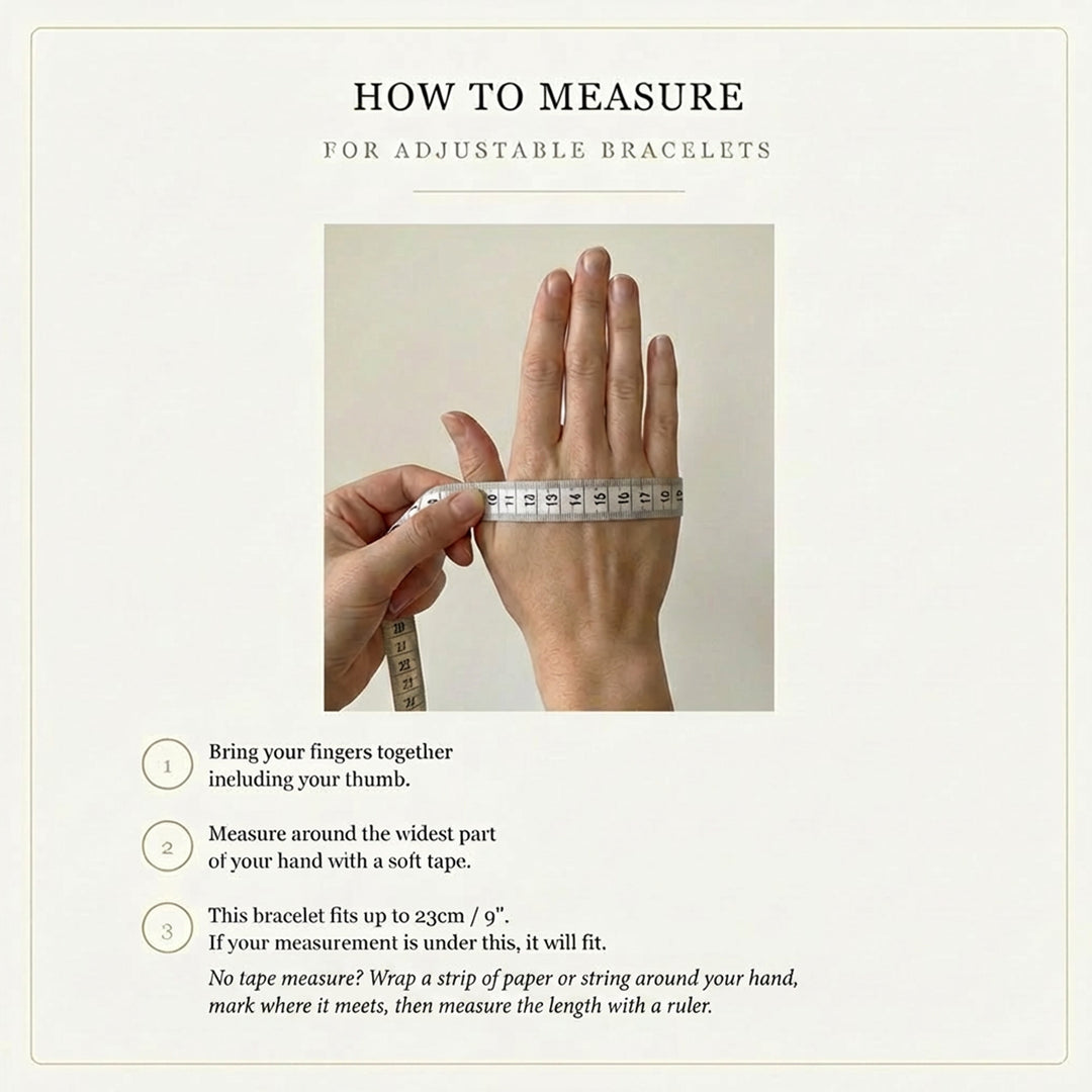 Bracelet sizing guide — adjustable slider chain fits hands up to 23cm / 9" at the widest point