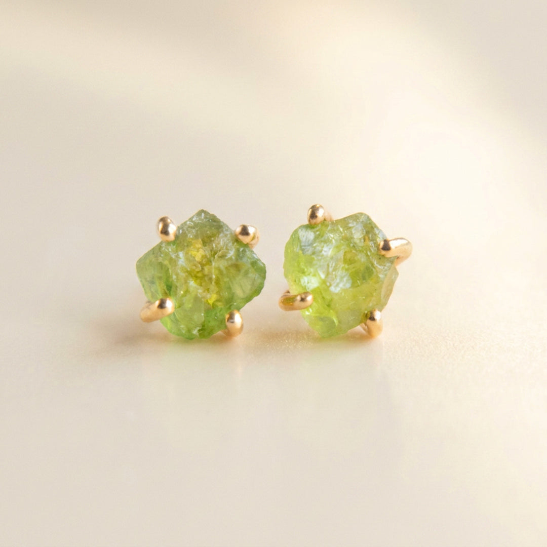 Real raw peridot stud earrings in 18K gold vermeil — natural uncut peridot crystals