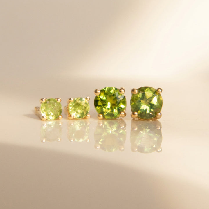 Peridot stud earrings size comparison — 4mm and 6mm real Arizona peridot in 18K gold vermeil