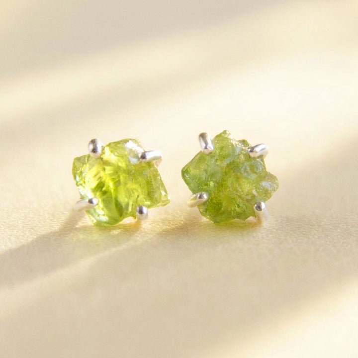 Real raw peridot stud earrings in sterling silver — natural uncut peridot crystals