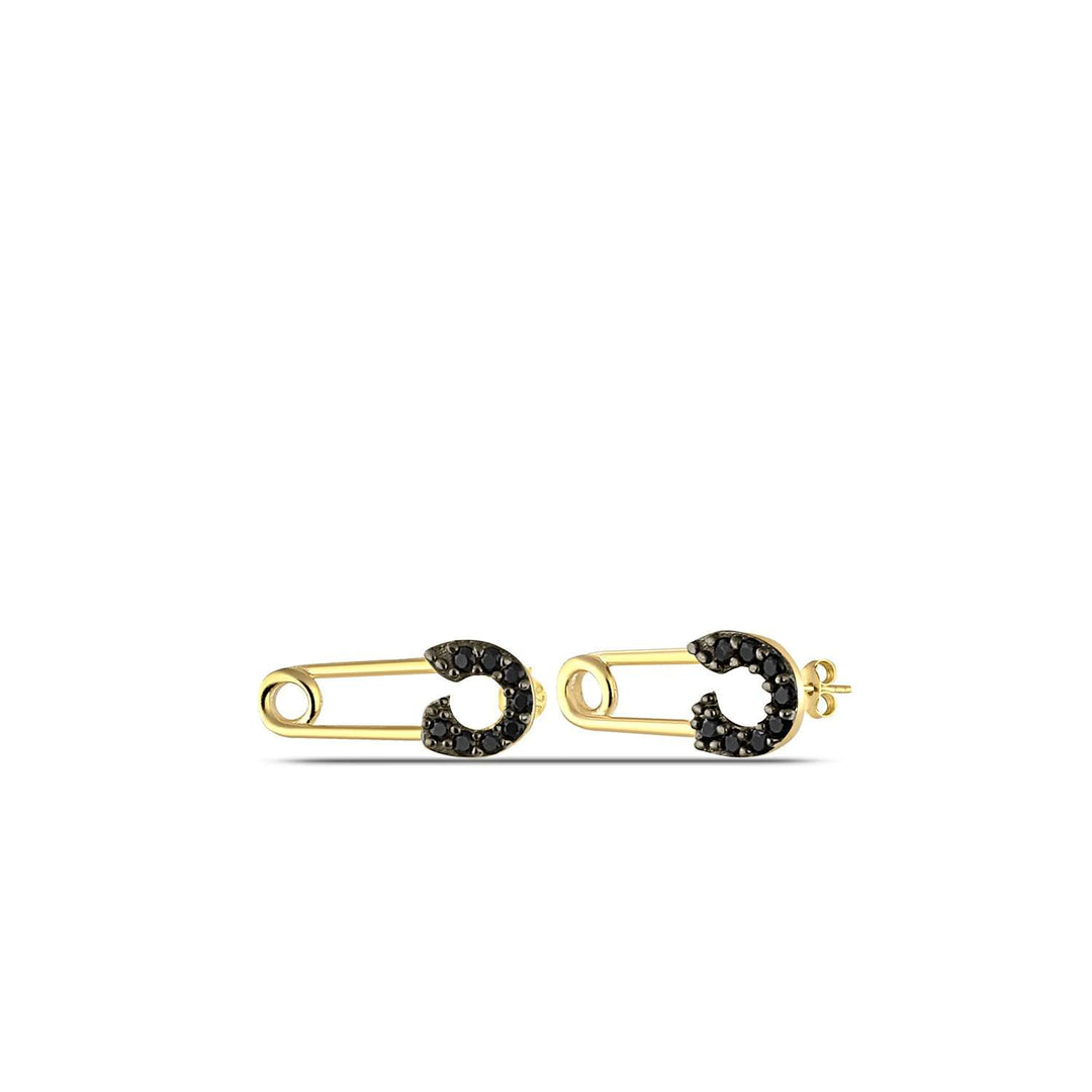 Mini Safety Pin Black Stud Earrings Gold