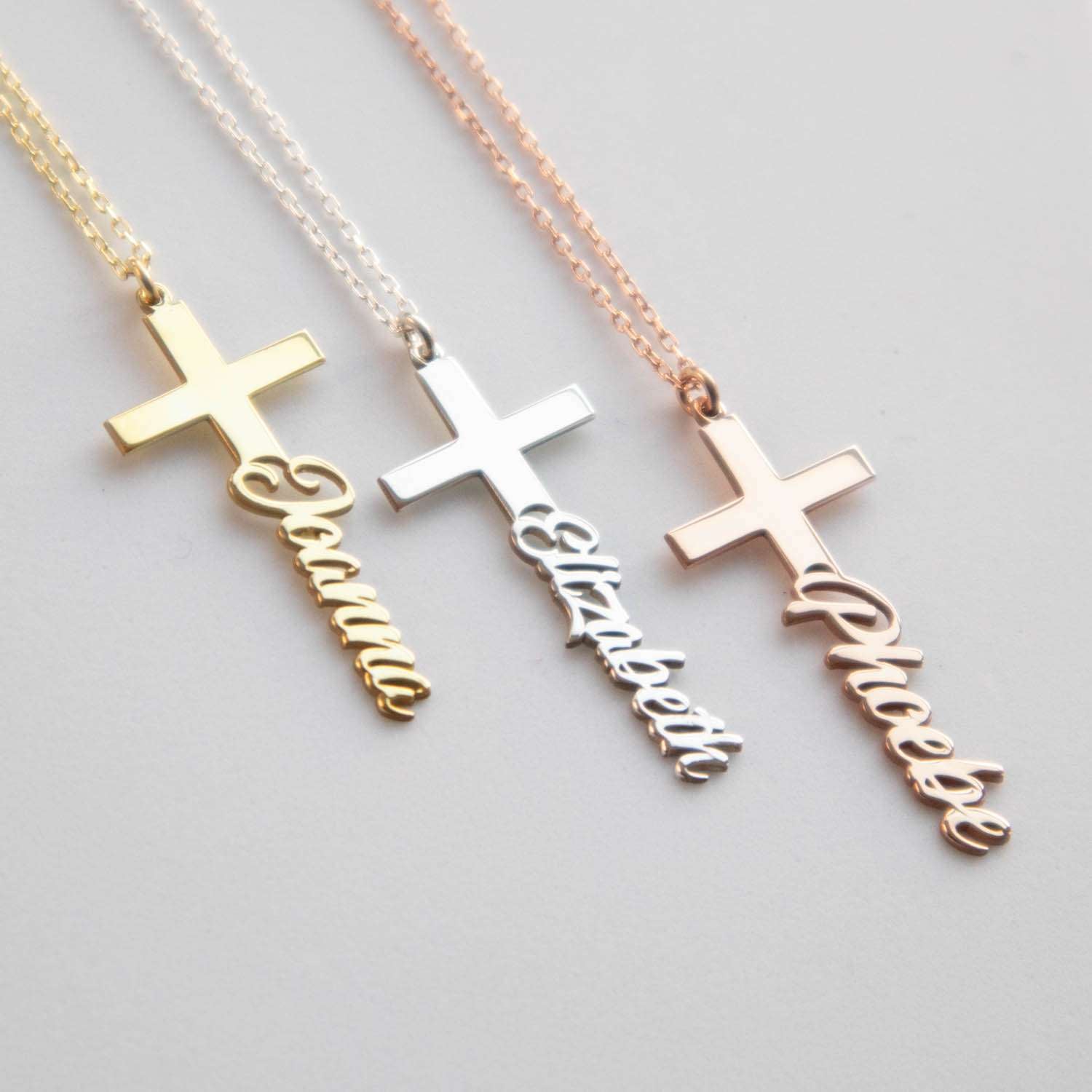 Custom Cross Necklace with Name Gold Sterling Silver Personalised Christening Gifts Abiza