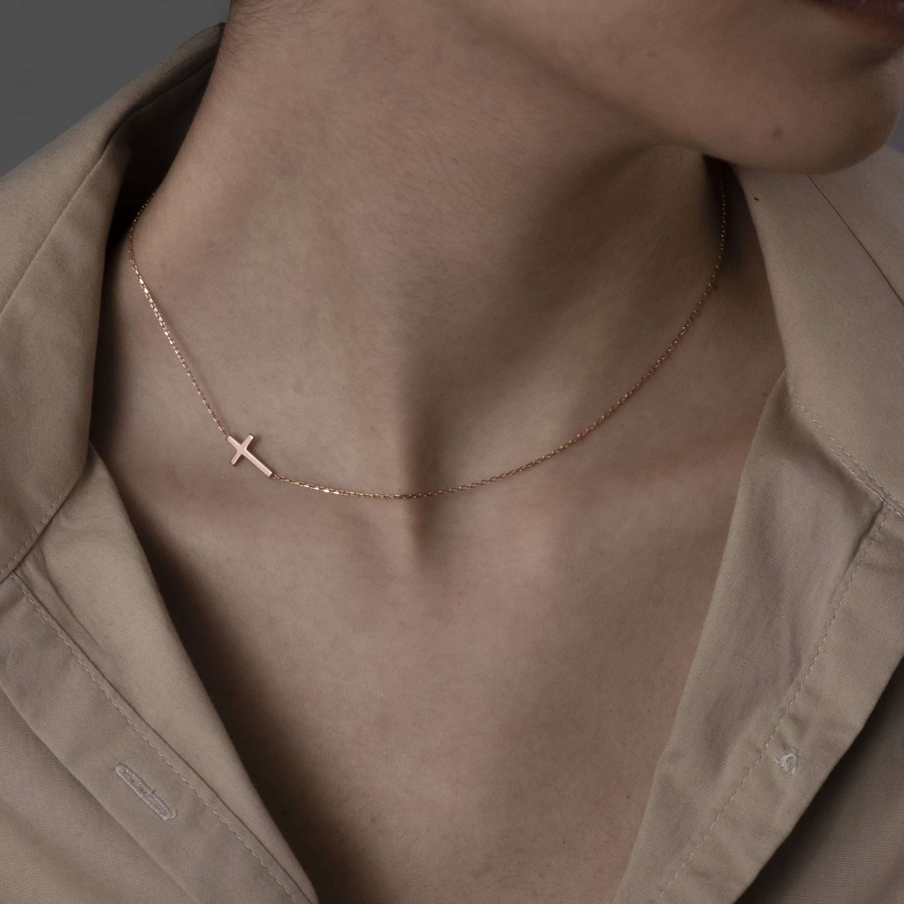 14K Rose Gold Sideways Cross Diamond Necklace