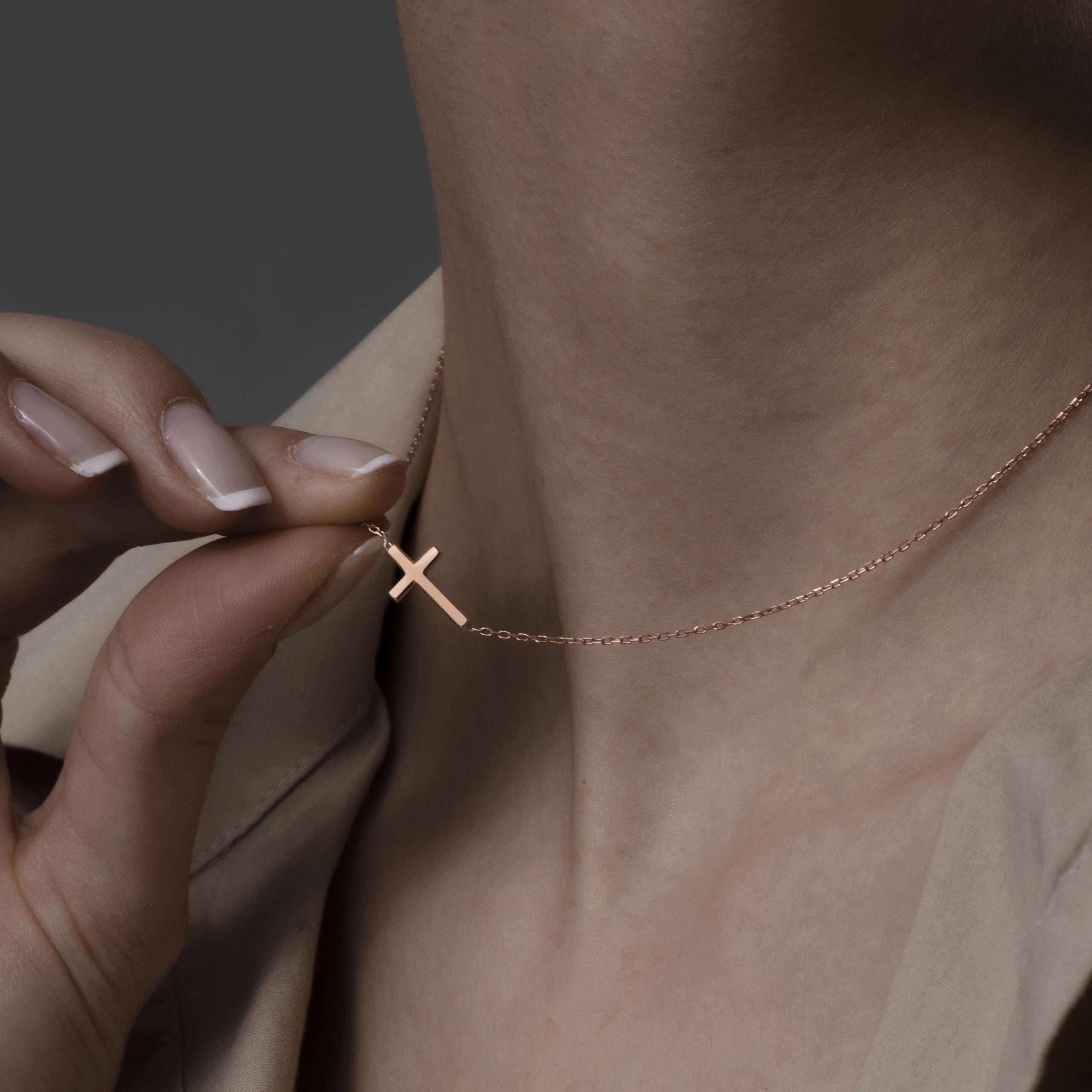 14K Rose Gold Sideways Black Diamond Cute Curved Cross Necklace