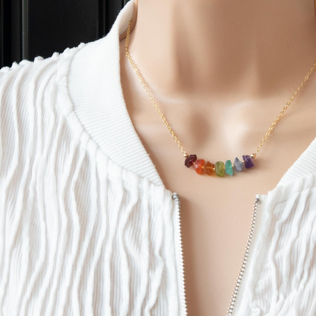 7 Chakra Necklace with Raw Crystal Stones