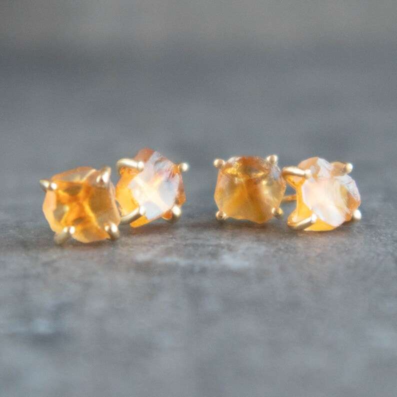 Citrine Earrings, Natural November Birthstone, Raw Stud Earrings