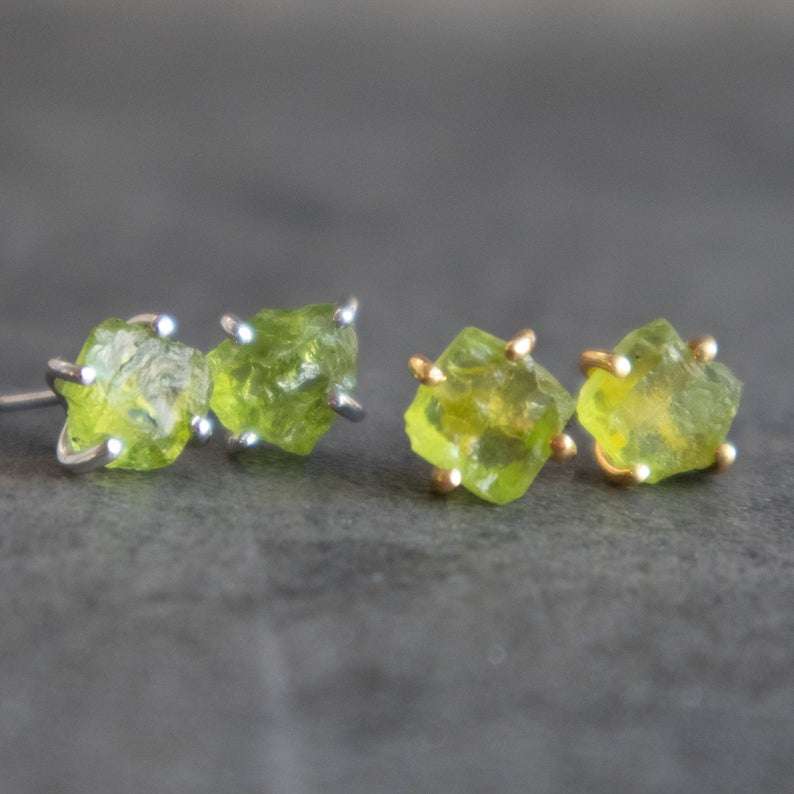 raw peridot earrings