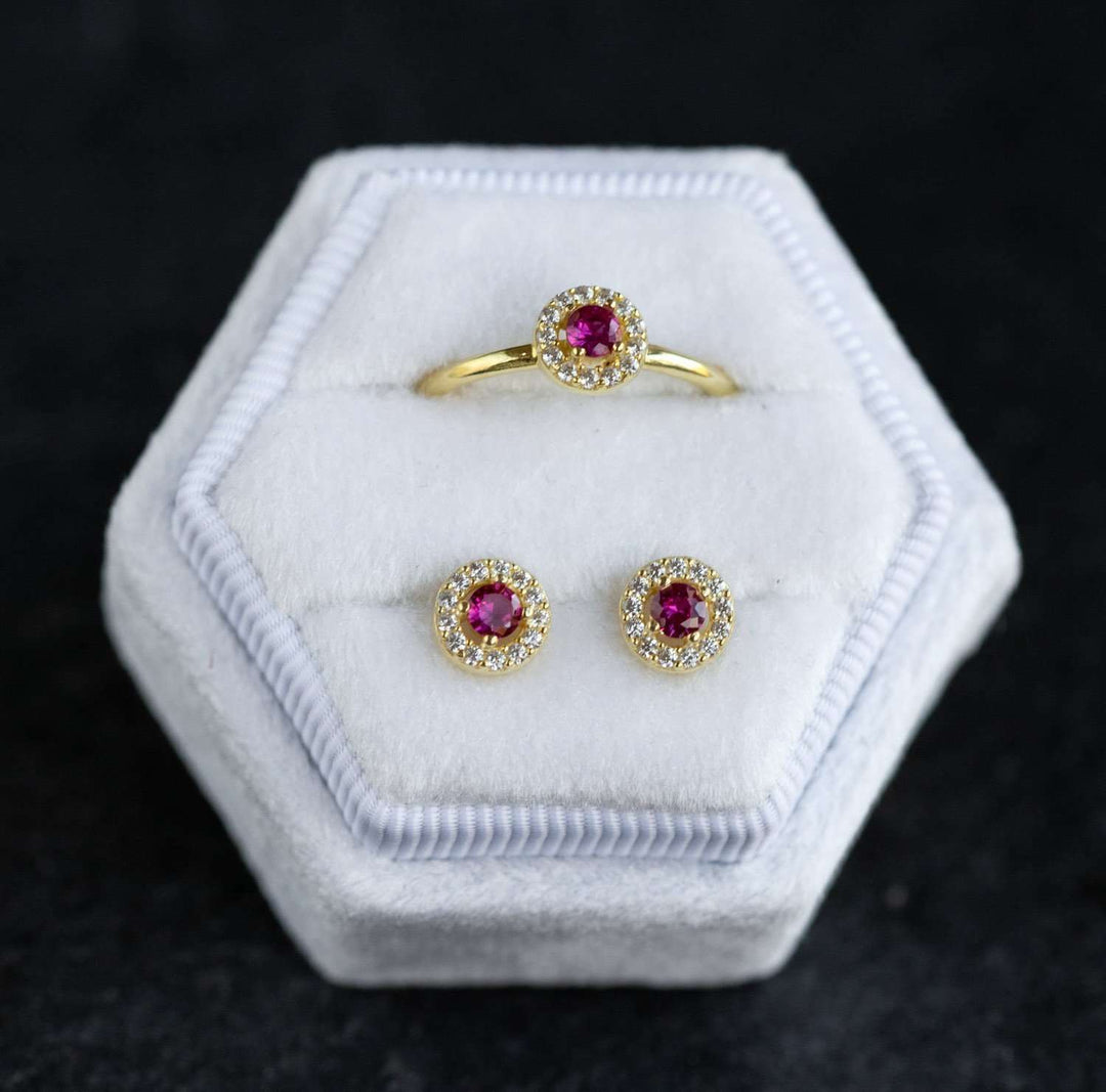 Ruby Halo Earrings and Ring